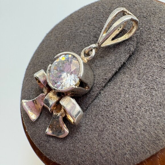 VTG Sterling Silver 925 Cubic Zirconia Bezel Set Bow Pendant Size 1.25" Length - Picture 6 of 13